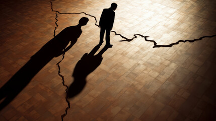 A businessman's silhouette casts a long shadow over cracked ground