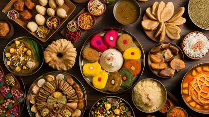 An overhead shot of a table spread with an array of traditional Maharashtrian sweets and festive dishes prepared for Gudi Padwa. The delectable spread showcases the culinary deligh - obrazy, fototapety, plakaty