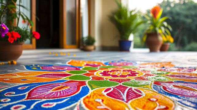 An artistic depiction of a colorful Rangoli design adorning the entrance of a home on Gudi Padwa. The intricate patterns and vibrant hues create a welcoming and festive atmosphere.