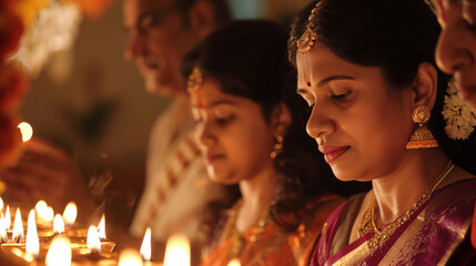 Obraz na płótnie Canvas A contemplative image of a family engaged in a Gudi Padwa prayer ceremony, with the divine glow of diyas illuminating the ritualistic setup. The spiritual ambiance adds depth to th