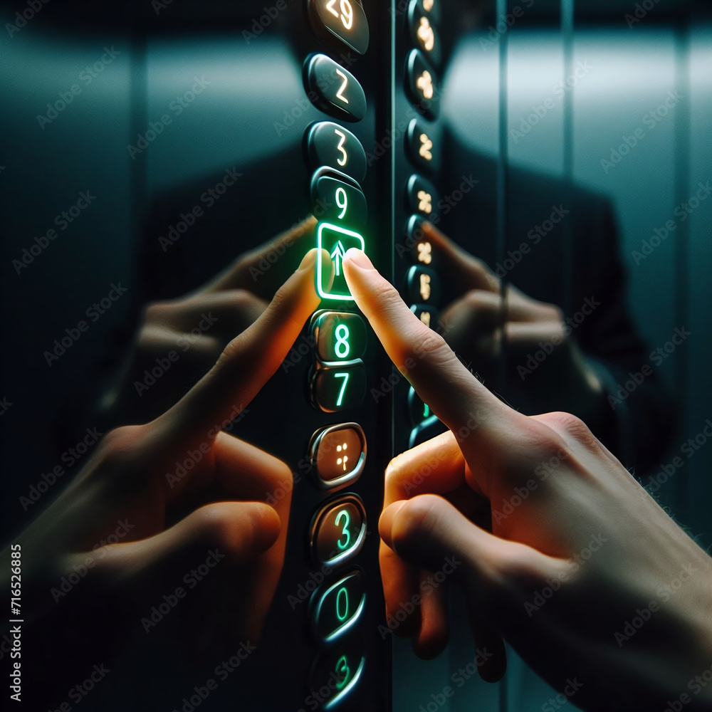 Poster close up of human hands using elevator buttons in elevator. 3d rendering