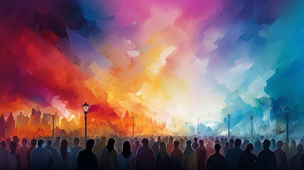 Fototapeta na wymiar multicolored crowd, a row of silhouettes of people , drawing watercolor style multicultural society, performance concert, rainbow spectrum background gradient