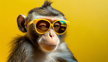 Funny monkey in yellow sunglasses on a yellow background.