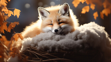 Fototapeta premium cute fox cub sleeping in the wild on the background of winter at sunset, the incredible beauty of winter wildlife
