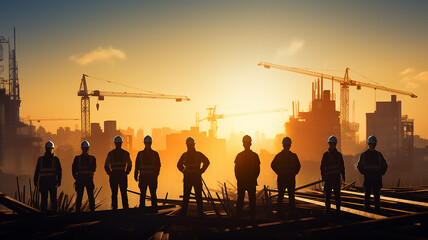 group of builders silhouette of workers on a construction site, standing in a row against a sunset background, with a copy space - obrazy, fototapety, plakaty