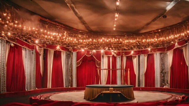 circus stage interior with red curtains