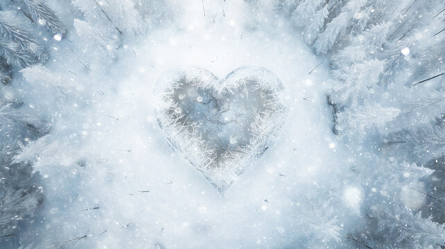 frosty symbol of love heart, winter landscape postcard snowfall, white background copy space