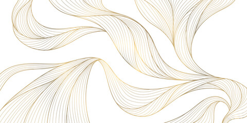 Vector gold line wave background, abstract luxury elegant pattern. Glitter flow japanese style shape, river, sea cover.