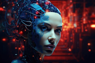 Cyborg woman with machine brains and beautiful young face side view. The head of cyberpunk. Blue diodes. Biometric people profile. Concepts of future human. Fantastic biorobot hero for game. Girl bot - obrazy, fototapety, plakaty