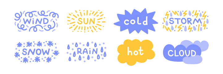 Weather doodle lettering illustrations set. Hand drawn weather vectors for stickers, print, badges. Weather words lettering design 