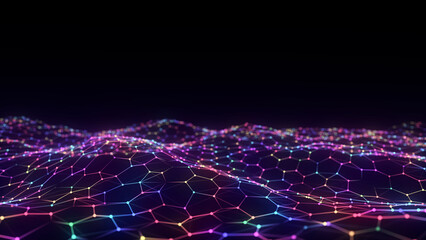 Futuristic hexagon wave. Dark cyberspace. Abstract wave with dots and line. White moving particles on background. 3d rendering.