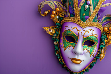 Mardi Gras harlequin mask isolated on lilac background with copy space
