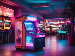 A vintage arcade game machine in a room with neon lighting and a retro vibe