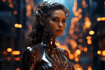 A captivating shot of a model in a sleek metallic bodysuit, adding a futuristic touch against a high-tech digital circuitry background