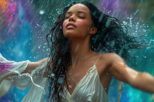 Fantasy portrait from black woman dancing in the rain, with a paint in her face