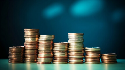 Stack of growing coins on one side of the image against a background of smooth blue paper.