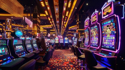 Opulent Casino Interior with Neon Lights and Slot Machines. - obrazy, fototapety, plakaty