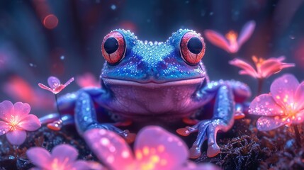 Watercolor neon frog illustration. Hand painted image of a cute frog. Frog clipart, wallpaper. - obrazy, fototapety, plakaty