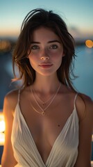 A young cute girl in a white dress with a deep neckline looks at the camera.  AI generated.