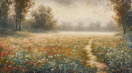 Fototapeta premium Sunlight breaks through the mist, spring, acrylic on canvas. AI generative