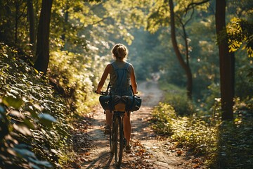 A beautiful girl rides a bicycle along a forest path in denim overalls. Banner with copy space.
 - obrazy, fototapety, plakaty