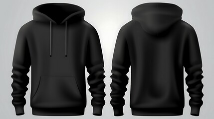 Set of Black front and back view tee hoodie hoody sweatshirt on transparent background