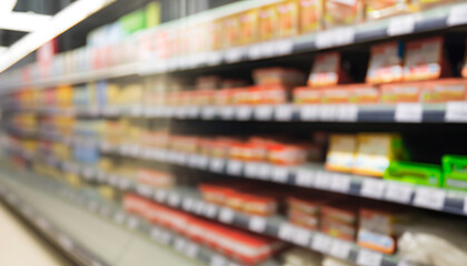 Abstract blurred goods shelf in supermarket with window for store product