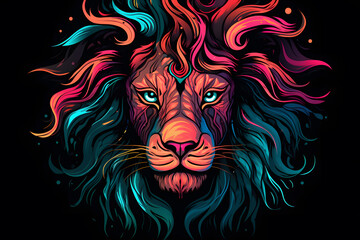 Vibrant Mane: Neon Lion Abstract. Created with Generative AI