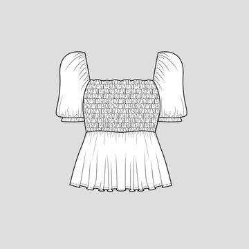 recommend clip art: Smoked peplum top  elastic gatherings sleeve smocking detail  fashion t shirt blouse top flat sketch technical drawing template design vector