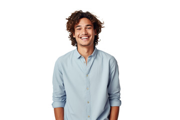 Charming young man with curly hair, wearing a light blue shirt, radiates confidence and friendliness against a transparent background - obrazy, fototapety, plakaty