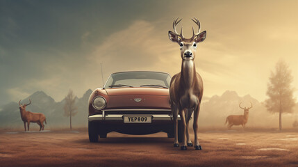 3d rendered illustration of a deer intron of a car - obrazy, fototapety, plakaty