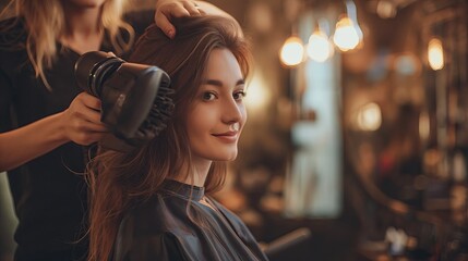 Hairdresser doing hairstyle to young woman - obrazy, fototapety, plakaty