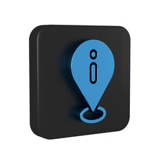 Blue Location with information icon isolated on transparent background. Black square button.