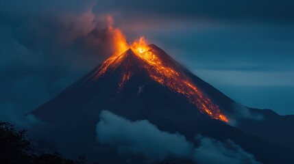 The volcano erupts in the evening