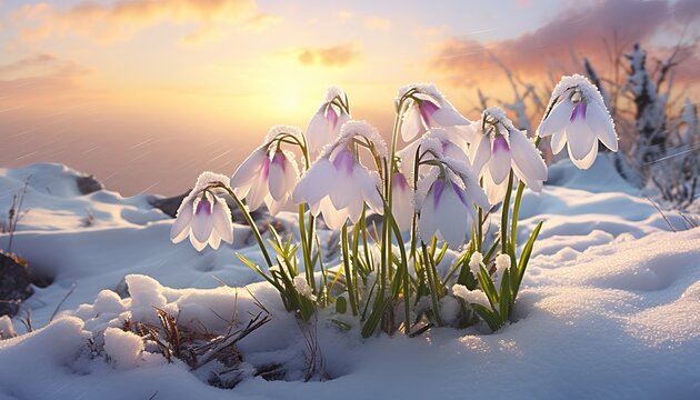 Title beautiful snowdrop flowers blooming in the snow during early spring season
