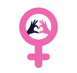 International Women's Day 2024 campaign #InspireInclusion. Inside the Woman’s sign, the hands gesture a heart—the design element for posters, cards, brochures, web, stickers, and social media. 8 March