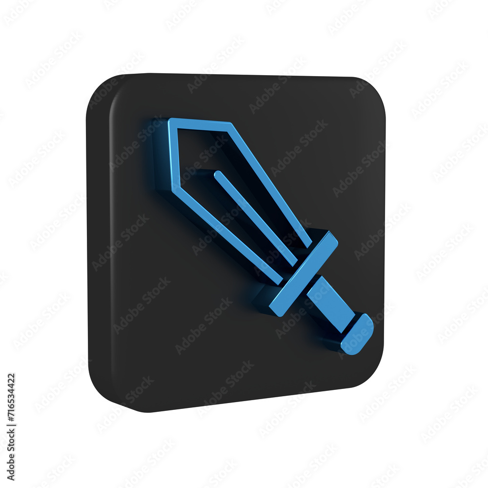 Poster blue sword for game icon isolated on transparent background. black square button.