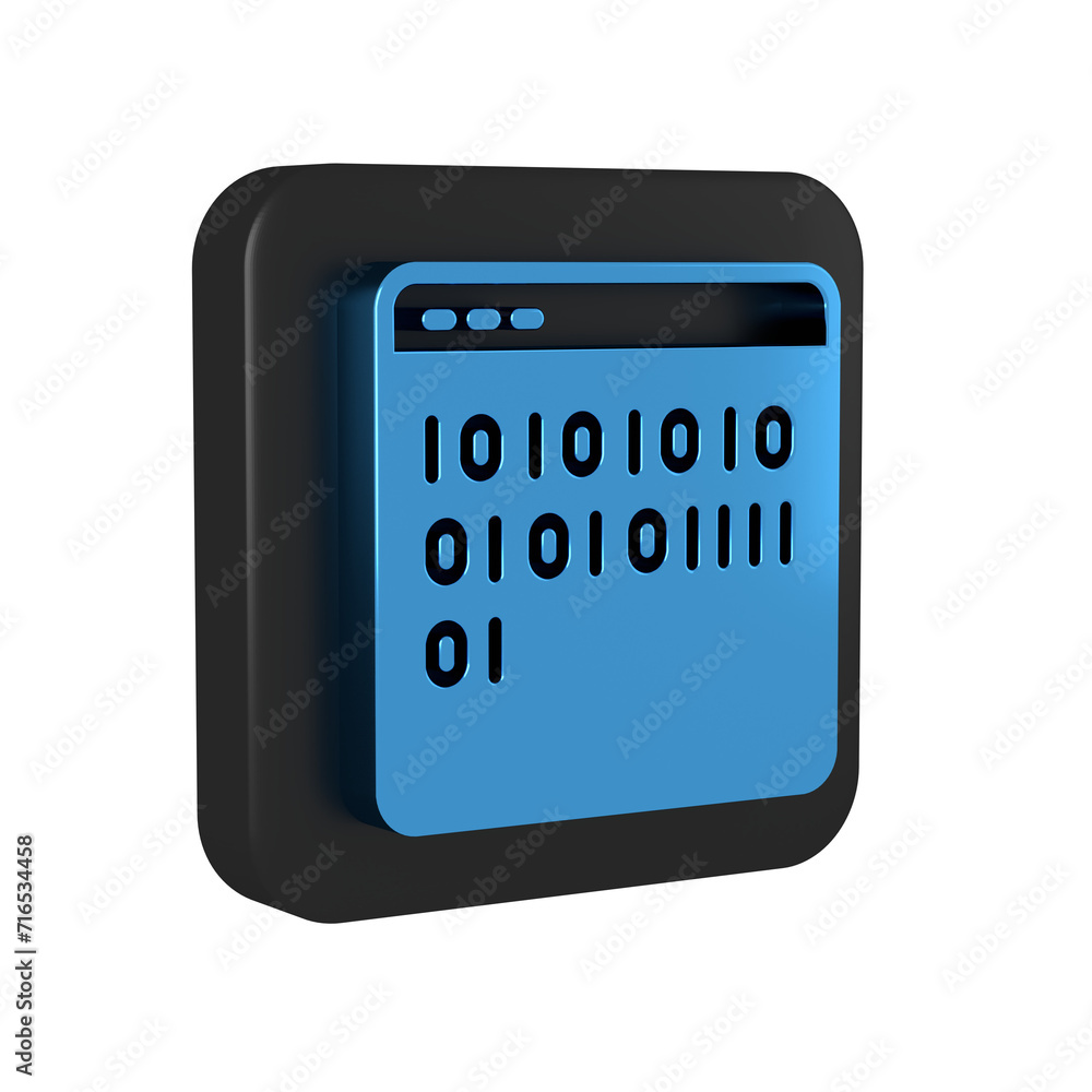 Poster blue binary code icon isolated on transparent background. black square button.