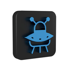 Blue UFO flying spaceship icon isolated on transparent background. Flying saucer. Alien space ship. Futuristic unknown flying object. Black square button. © Oksana