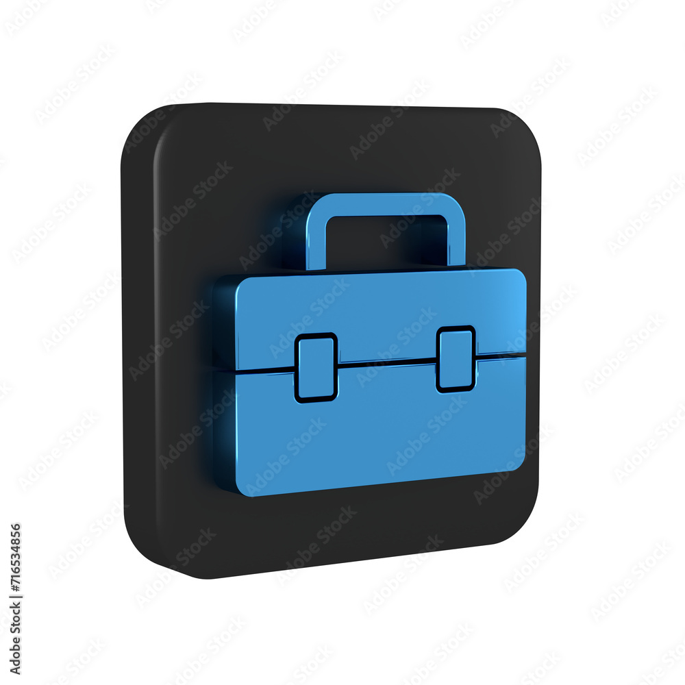 Poster blue toolbox icon isolated on transparent background. tool box sign. black square button.