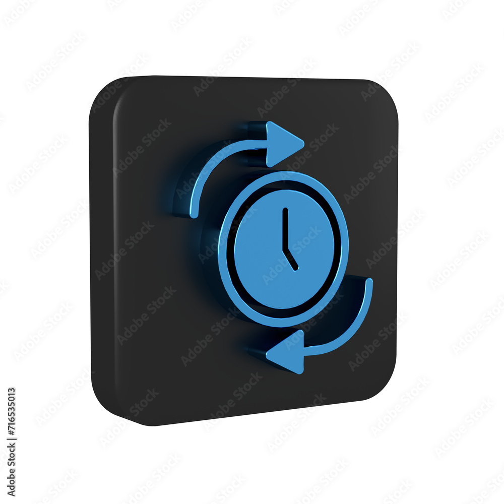 Poster Blue Clock with arrow icon isolated on transparent background. Time symbol. Clockwise rotation icon arrow and time. Black square button.