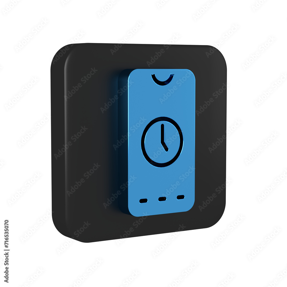 Poster blue alarm clock app smartphone interface icon isolated on transparent background. black square butt