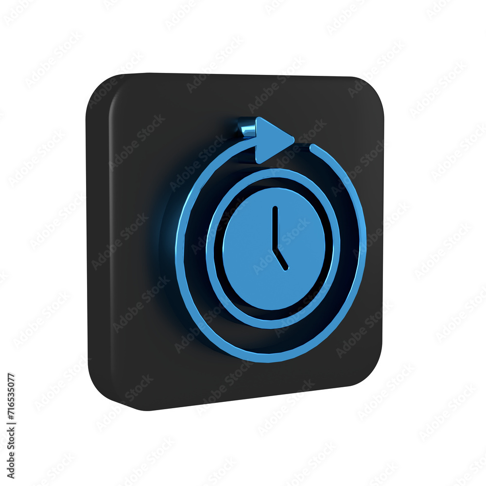 Poster Blue Clock with arrow icon isolated on transparent background. Time symbol. Clockwise rotation icon arrow and time. Black square button.