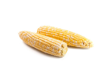 Two ears of sweet corn isolated on a white background..