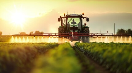 Sunset Farming: Tractor Watering Lush Green Fields