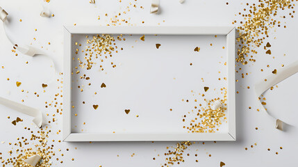 Photo frame mock-up with space for text golden confetti on white background, Goldern Glitter board, Glittery abstract background, AI generated