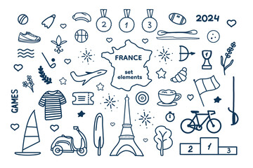 Line sketch of Paris symbols, decorative elements, tourist food and c sports. Vector illustration for cards, background, design, stickers, patterns, social media posts, flyers, brochures.