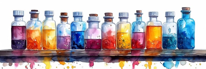 glass bottles, filled with vibrant liquids, create a captivating science-inspired palette
