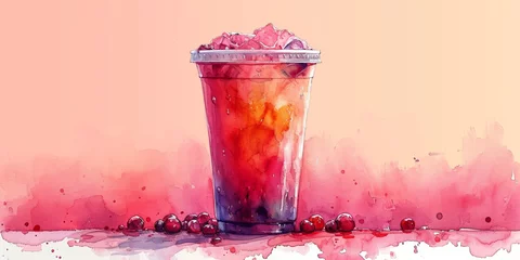 Foto op Plexiglas A refreshing summer beverage in a chilled glass with fruits, ice, and a hint of cream. © Andrii Zastrozhnov