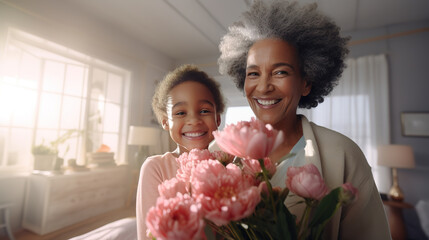 Happy African American family, granddaughter child congratulates woman 70 years on holiday and gives bouquet flowers in white interior of apartment, soft lighting